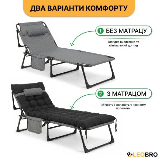 Розкладне ліжко до 150 кг з подушкою LEOBRO Темно-сіре - 11