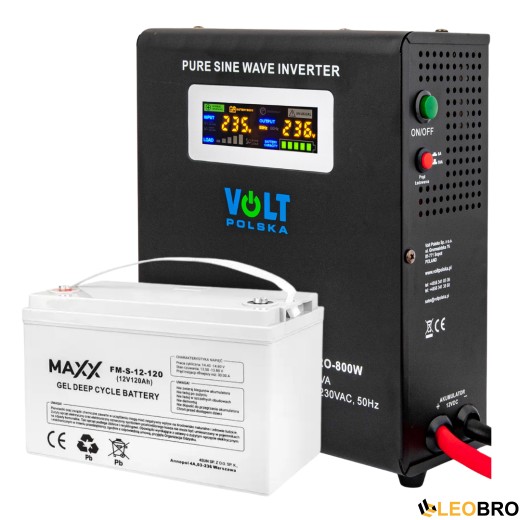 Аварійний комплект: гібридний інвертор Volt Polska SINUS PRO 800 В + акумулятор гелевий 4SUN MAXX GEL 120 Ач - 1
