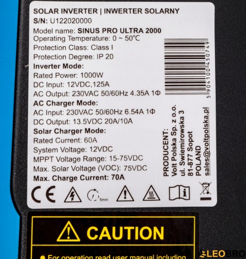 Сонячний інвертор Volt Polska ULTRA-HV 2000 12/230V (1000/2000W) + 60A MPPT (75V) (3SSH100012) - 7