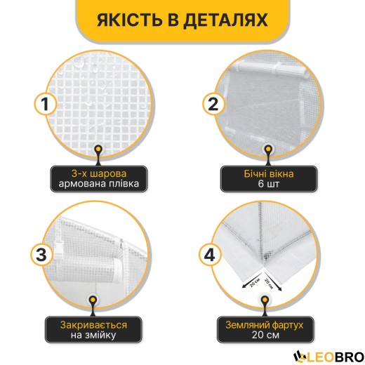 Посилена садова теплиця парник LEOBRO Garden 10м2 White (LB-10M25W) - 3