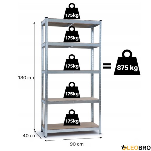 Стелаж LEOBRO 180 х 90 х 40 см, 175кг/полиця, 5 полиць (LB-R175-GAL) - 7