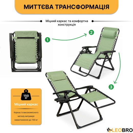 Раскладное кресло шезлонг LEOBRO Zero Gravity Premium Pistachio (LB-ZGC-G2-PST) - 7
