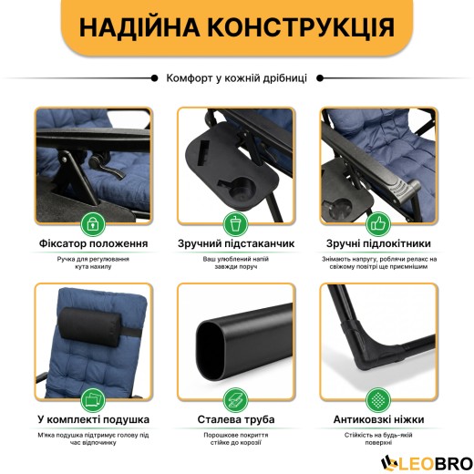 Розкладне крісло шезлонг LEOBRO Zero Gravity Premium Plus Dark Navy Blue (LB-ZGC-K2-DNB) - 5
