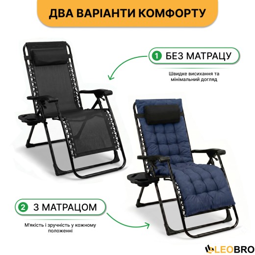 Розкладне крісло шезлонг LEOBRO Zero Gravity Premium Plus Dark Navy Blue (LB-ZGC-K2-DNB) - 8