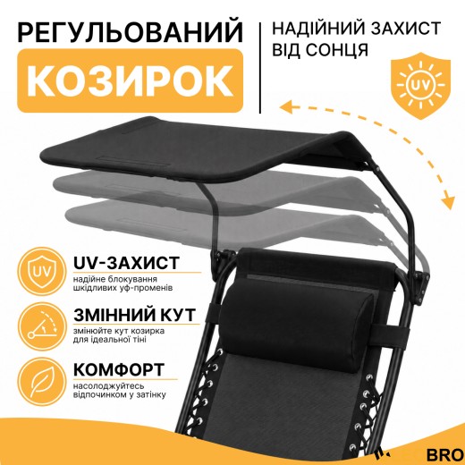 Раскладное кресло шезлонг с козырьком LEOBRO Zero Gravity Black (LB-ZGC-H1-BLK) - 11