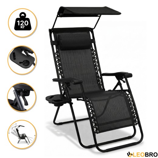 Раскладное кресло шезлонг с козырьком LEOBRO Zero Gravity Black (LB-ZGC-H1-BLK) - 1