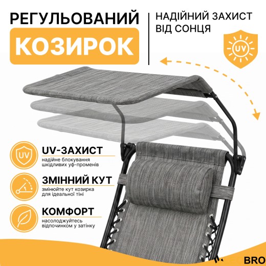 Розкладне крісло шезлонг із козирком LEOBRO Zero Gravity Dark Grey (LB-ZGC-H1-DGR) - 11