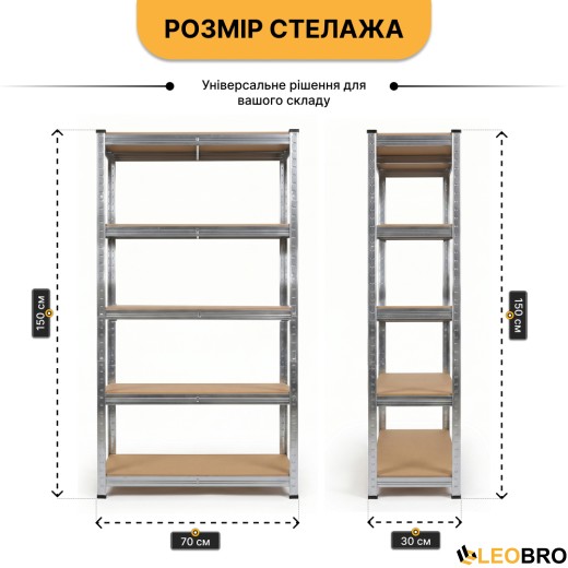 Стелаж LEOBRO Premium 150 х 70 х 30 см, 175кг/полиця, 5 полиць (LB-R112) - 2