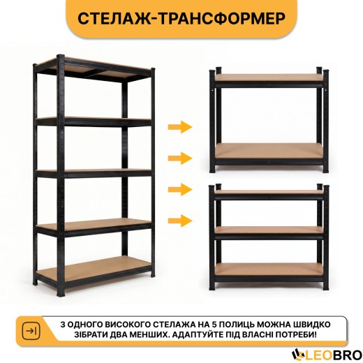 Стелаж LEOBRO Black 150 х 70 х 30 см, 175кг/полиця, 5 полиць (LB-R117) - 3
