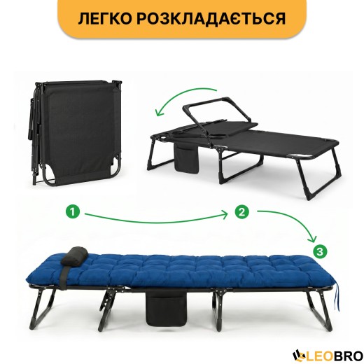 Розкладне ліжко (розкладачка) з матрацом і подушкою LEOBRO Blue (LB-FB-A1-BLU) - 10