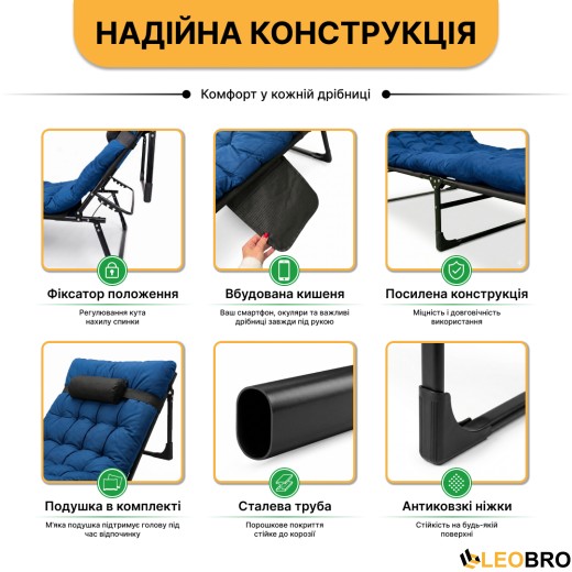 Розкладне ліжко (розкладачка) з матрацом і подушкою LEOBRO Blue (LB-FB-A1-BLU) - 8