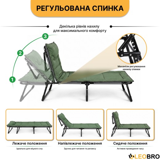 Розкладне ліжко (розкладачка) з вбудованим матрацом LEOBRO Green (LB-FB-S1-GRN) - 6