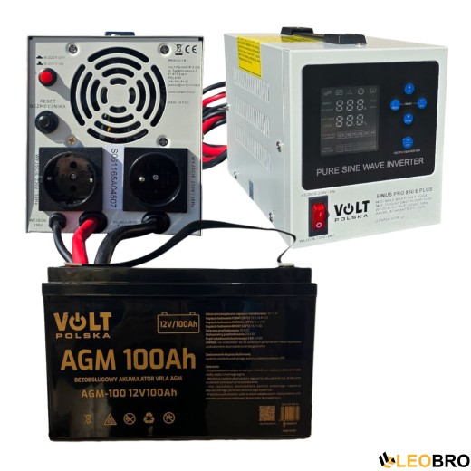 Комплект Volt Polska SINUS PRO 850 E PLUS 12/230V 500/850W + Акумулятор AGM 12V 100 Ah - 1