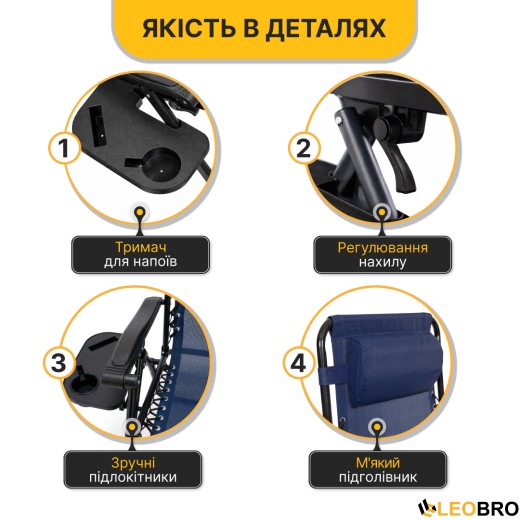 Розкладне крісло шезлонг LEOBRO Zero Gravity Navy Blue (LB-ZGC-F1-NVY) - 5