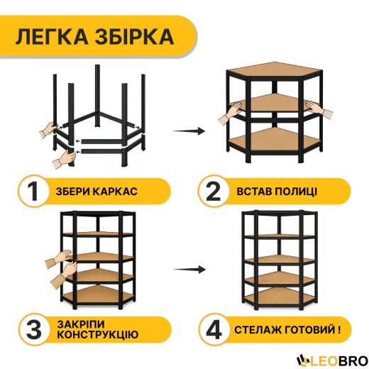 Стелаж кутовий LEOBRO Premium Black 180 х 90 х 40 см, 175кг/полиця, 5 полиць (LB-R124) - 6