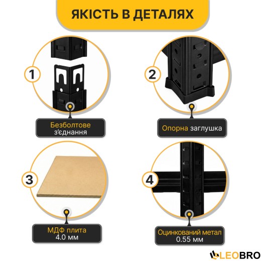 Стелаж кутовий LEOBRO Premium Black 180 х 90 х 40 см, 175кг/полиця, 5 полиць (LB-R124) - 7