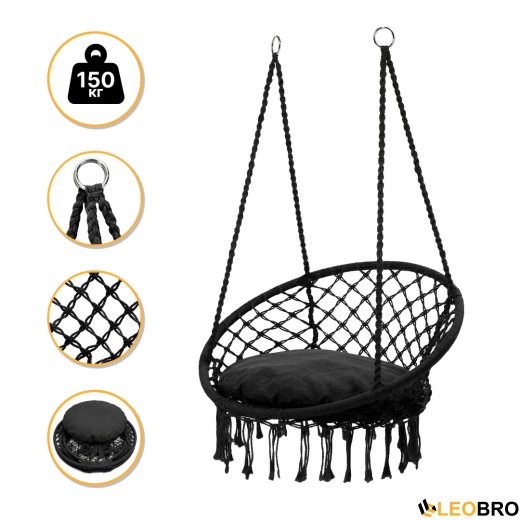 Підвісне плетене крісло-гойдалка LEOBRO Boho XL 80 см Black з подушкою (LB-1105) - 1