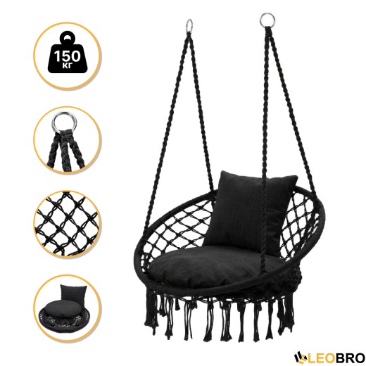 Підвісне плетене крісло-гойдалка LEOBRO Boho Comfort XL 80 см Black (LB-1108) - 1