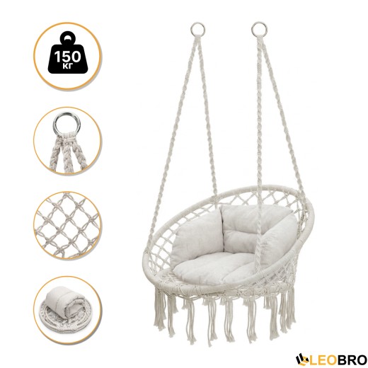 Підвісне плетене крісло-гойдалка LEOBRO Boho Deluxe XL 80 см Cream (LB-1112) - 1