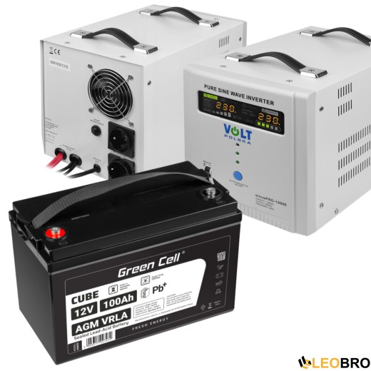 Аварійний комплект Volt Polska SINUS PRO 1500 E 12/230V 1050/1500W + Акумулятор AGM Gren Cell 100Ah 12V - 1