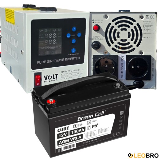 Аварійний комплект живлення Volt Polska SINUS PRO 850 E PLUS 12/230V 500/850W + Акумулятор Green Cell AGM 12V 100 Ah - 1