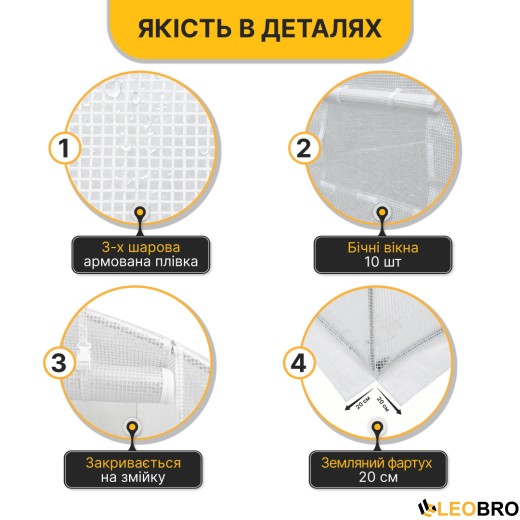 Посилена садова теплиця парник LEOBRO Garden 18м2 White (LB-18M25W) - 4