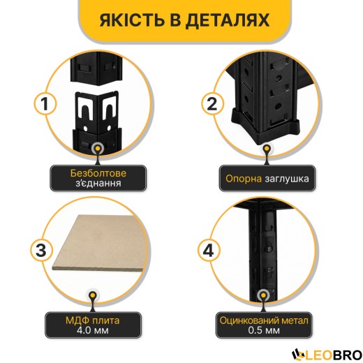 Стелаж LEOBRO Premium Black 180 х 100 х 60 см, 200кг/полиця, 5 полиць (LB-R130) - 5