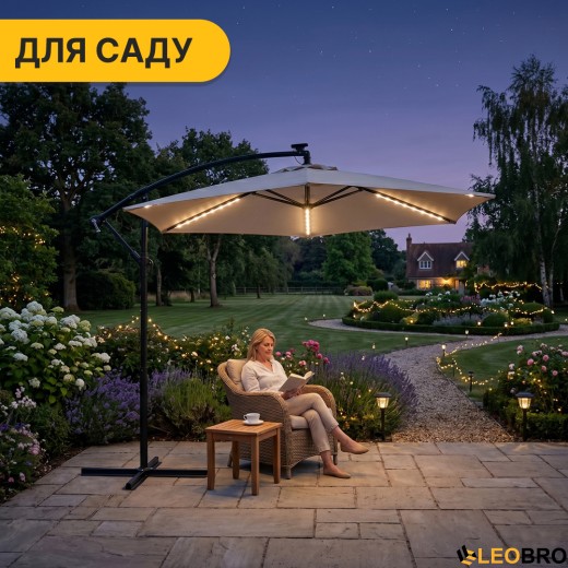 Складна садова парасоля з боковим подовжувачем та LED підсвіткою LEOBRO Бежева (LB-1084) - 11