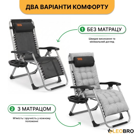 Розкладне крісло шезлонг LEOBRO Zero Gravity Premium Plus Сірий (LB-ZGC-E1-GRY) - 10