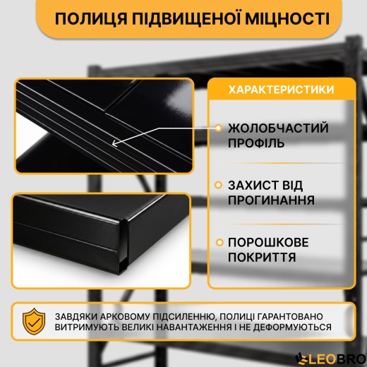 Металевий стелаж LEOBRO Premium Pro 200 х 200 х 50 см, 300кг/полиця, 5 полиць (LB-R131) - 6