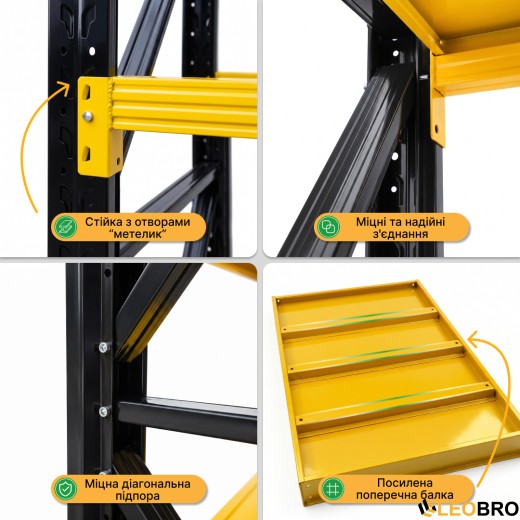 Металевий стелаж LEOBRO Premium Pro 200 х 200 х 50 см, 300кг/полиця, 5 полиць (LB-R132) - 4