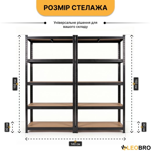 Набір стелажів 2 шт LEOBRO Premium Black  180 х 90 х 40 см, 175кг/полиця, 5 полиць (LB-R115X2) - 2