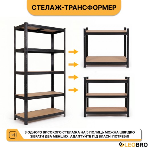 Набір стелажів 2 шт LEOBRO Premium Black  180 х 90 х 40 см, 175кг/полиця, 5 полиць (LB-R115X2) - 3