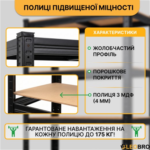 Набір стелажів 2 шт LEOBRO Premium Black  180 х 90 х 40 см, 175кг/полиця, 5 полиць (LB-R115X2) - 6