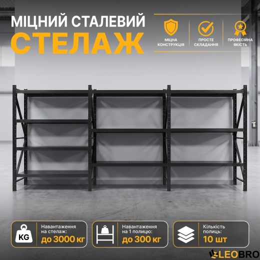 Металевий стелаж LEOBRO Premium Pro 200х600х50 см (300 кг/полиця, 10 полиць, 3 секції, LB-R131) - 4