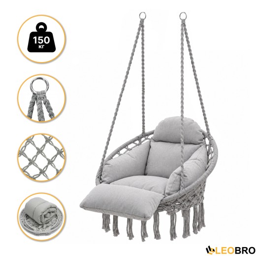 Підвісне плетене крісло-гойдалка LEOBRO Boho Deluxe Pro XL 80 см Grey (LB-1144) - 1
