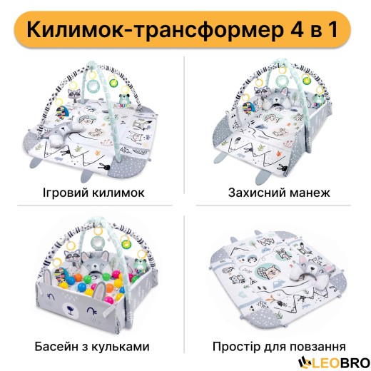 Дитячий розвивальний килимок 4 в 1 "Лісовий єнот" з кульками LEOBRO (LB-1185) - 9