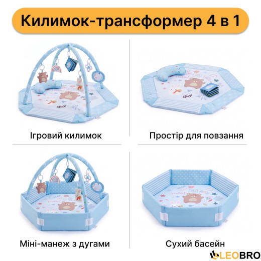 Дитячий розвивальний килимок 4 в 1 "Ведмедик і зайчик Hello" блакитний з кульками LEOBRO (LB-1188) - 2