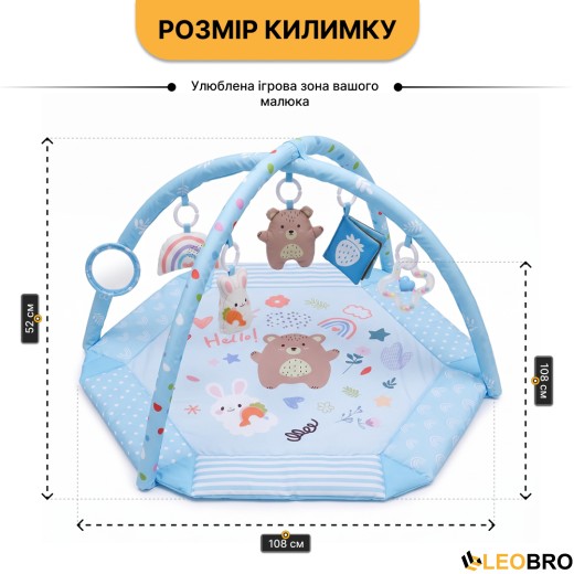 Дитячий розвивальний килимок 4 в 1 "Ведмедик і зайчик Hello" блакитний з кульками LEOBRO (LB-1188) - 3
