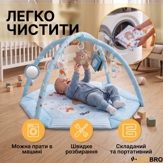 Дитячий розвивальний килимок 4 в 1 "Ведмедик і зайчик Hello" блакитний з кульками LEOBRO (LB-1188) - 6