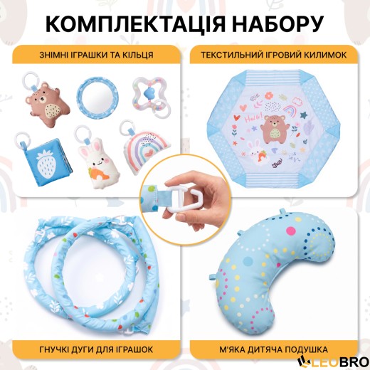 Дитячий розвивальний килимок 4 в 1 "Ведмедик і зайчик Hello" блакитний з кульками LEOBRO (LB-1188) - 7