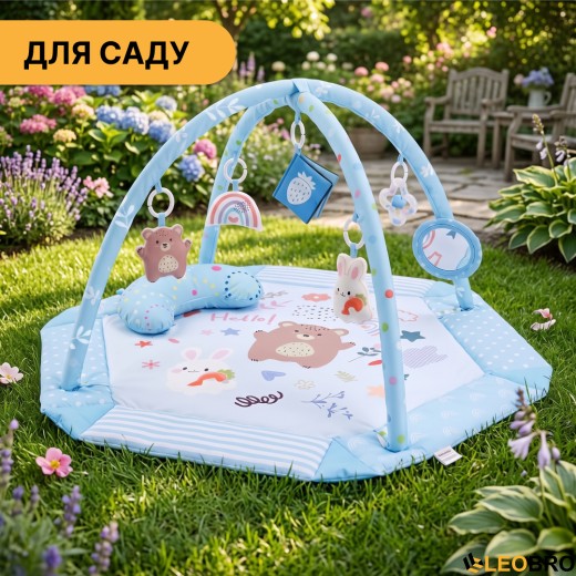 Дитячий розвивальний килимок 4 в 1 "Ведмедик і зайчик Hello" блакитний з кульками LEOBRO (LB-1188) - 9