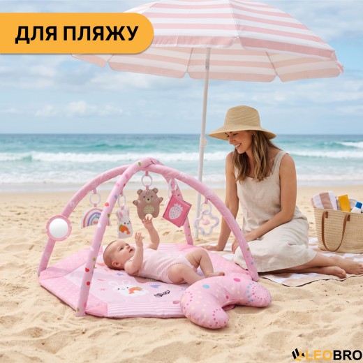 Дитячий розвивальний килимок 4 в 1 "Ведмедик і зайчик Hello" рожевий з кульками LEOBRO (LB-1184) - 10