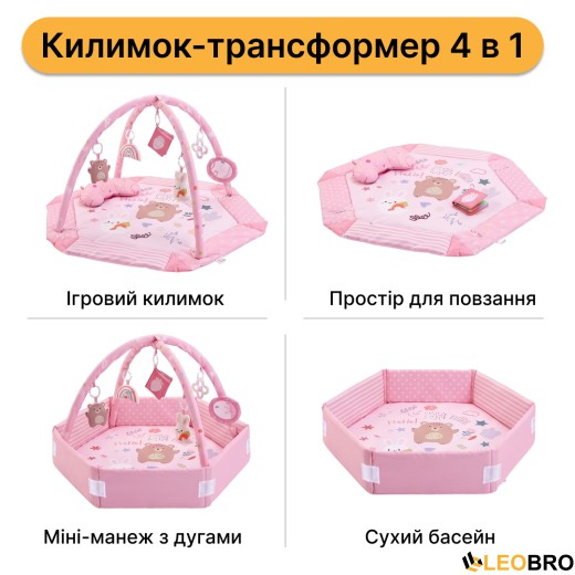 Дитячий розвивальний килимок 4 в 1 "Ведмедик і зайчик Hello" рожевий з кульками LEOBRO (LB-1184) - 2