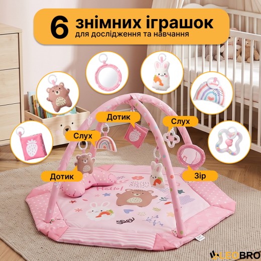 Дитячий розвивальний килимок 4 в 1 "Ведмедик і зайчик Hello" рожевий з кульками LEOBRO (LB-1184) - 4