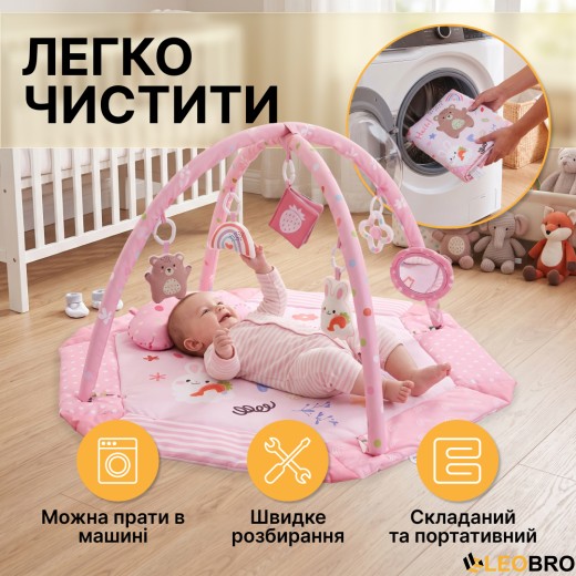 Дитячий розвивальний килимок 4 в 1 "Ведмедик і зайчик Hello" рожевий з кульками LEOBRO (LB-1184) - 6