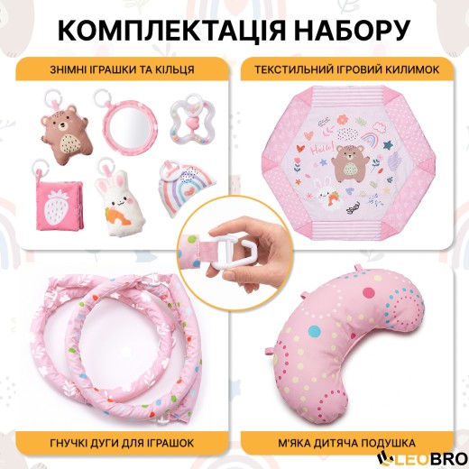 Дитячий розвивальний килимок 4 в 1 "Ведмедик і зайчик Hello" рожевий з кульками LEOBRO (LB-1184) - 7