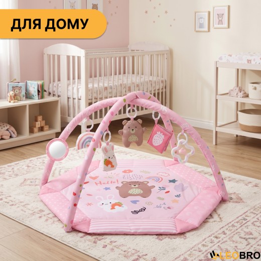 Дитячий розвивальний килимок 4 в 1 "Ведмедик і зайчик Hello" рожевий з кульками LEOBRO (LB-1184) - 8