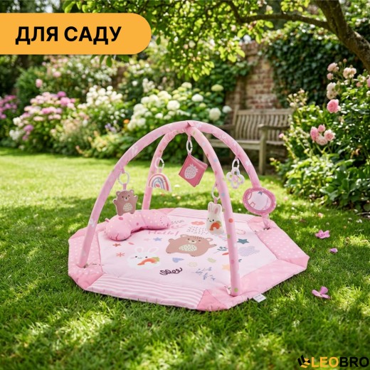 Дитячий розвивальний килимок 4 в 1 "Ведмедик і зайчик Hello" рожевий з кульками LEOBRO (LB-1184) - 9