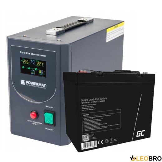 Аварийный комплект Powermat 800 VA 12/230V 640W/800VA + Аккумулятор Green Cell AGM VRLA 50Ah 12V - 1
